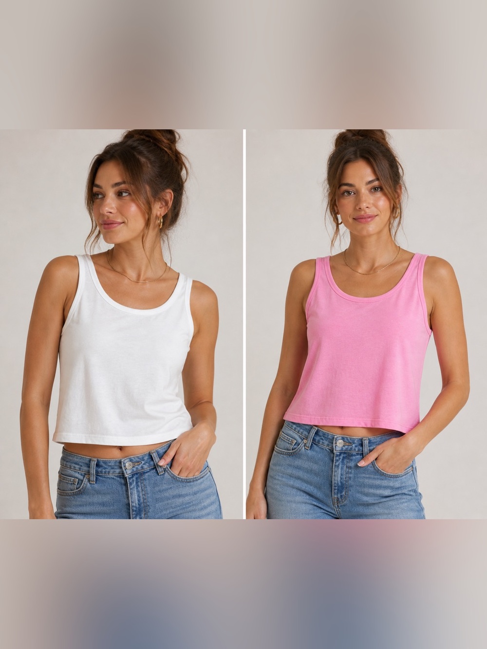 (A4) Pink and White Cotton Relaxed cropped Tank Tops - Set of 2